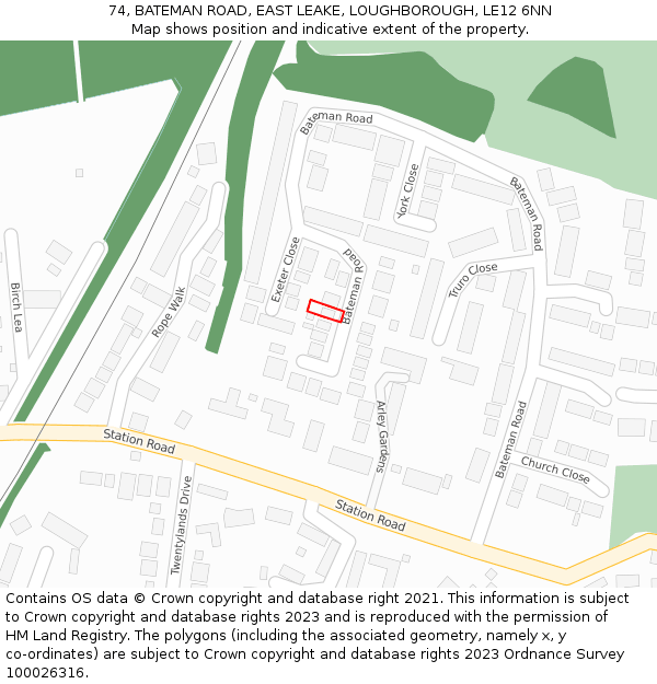 74, BATEMAN ROAD, EAST LEAKE, LOUGHBOROUGH, LE12 6NN: Location map and indicative extent of plot