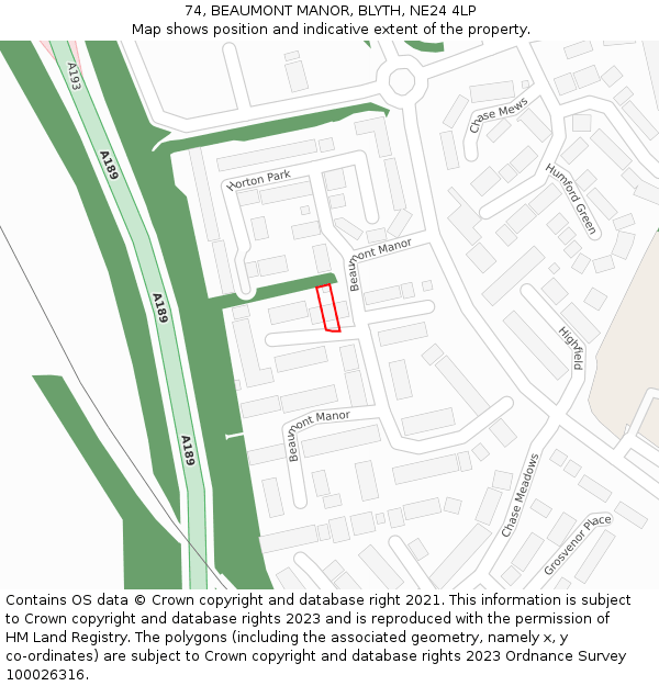 74, BEAUMONT MANOR, BLYTH, NE24 4LP: Location map and indicative extent of plot