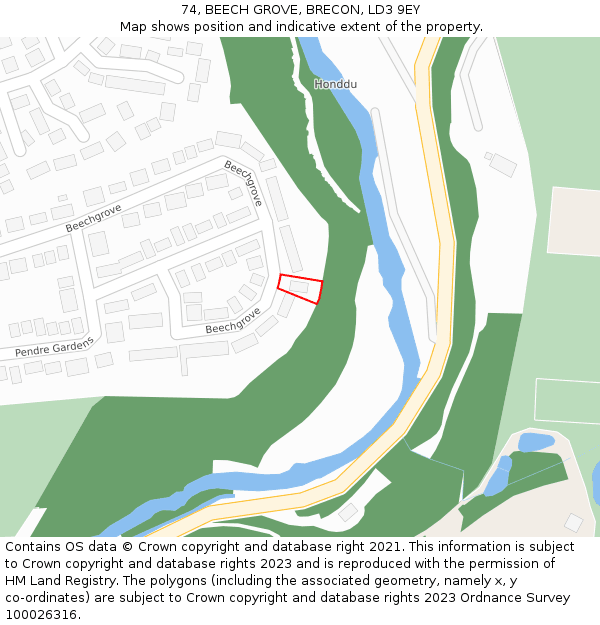 74, BEECH GROVE, BRECON, LD3 9EY: Location map and indicative extent of plot