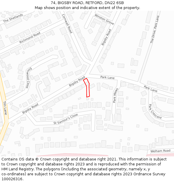74, BIGSBY ROAD, RETFORD, DN22 6SB: Location map and indicative extent of plot