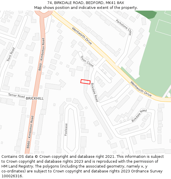 74, BIRKDALE ROAD, BEDFORD, MK41 8AX: Location map and indicative extent of plot