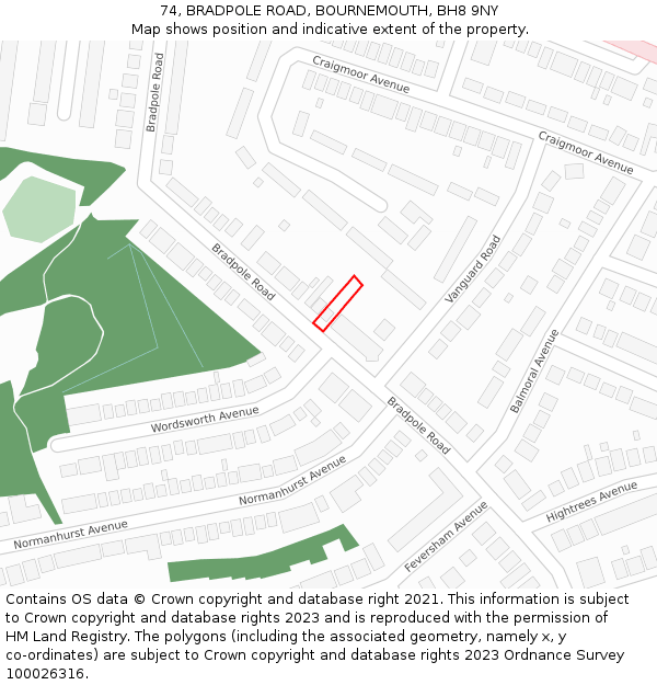 74, BRADPOLE ROAD, BOURNEMOUTH, BH8 9NY: Location map and indicative extent of plot