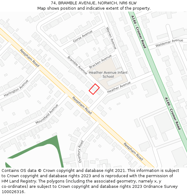 74, BRAMBLE AVENUE, NORWICH, NR6 6LW: Location map and indicative extent of plot