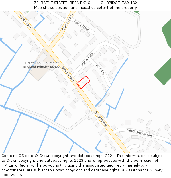 74, BRENT STREET, BRENT KNOLL, HIGHBRIDGE, TA9 4DX: Location map and indicative extent of plot