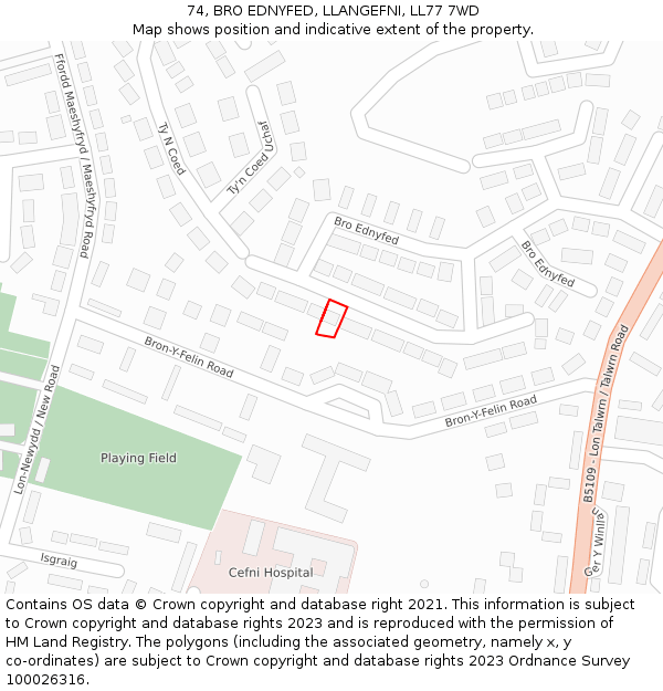 74, BRO EDNYFED, LLANGEFNI, LL77 7WD: Location map and indicative extent of plot