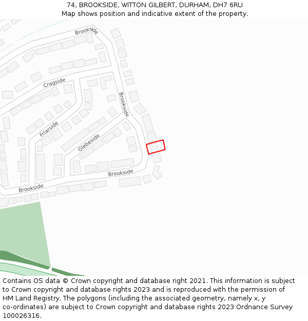 74, BROOKSIDE, WITTON GILBERT, DURHAM, DH7 6RU: Location map and indicative extent of plot