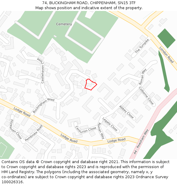 74, BUCKINGHAM ROAD, CHIPPENHAM, SN15 3TF: Location map and indicative extent of plot