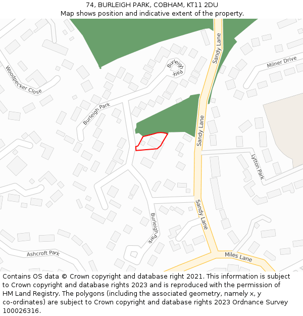 74, BURLEIGH PARK, COBHAM, KT11 2DU: Location map and indicative extent of plot