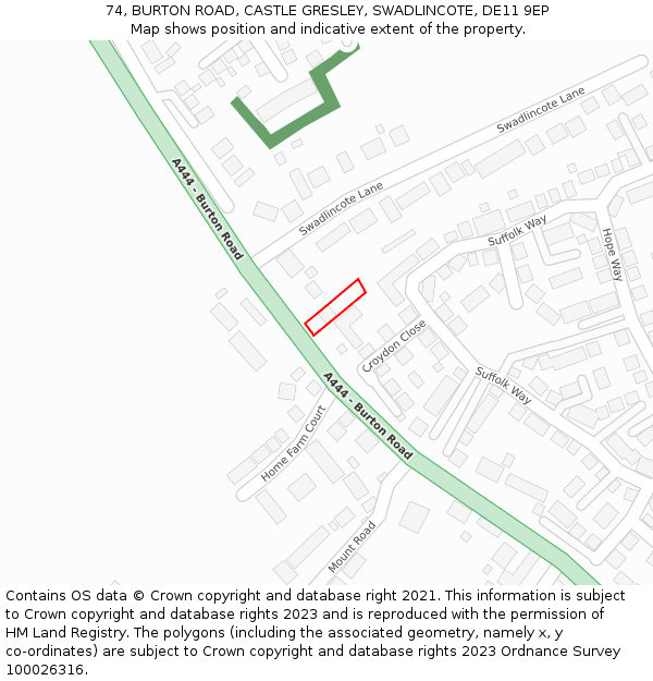 74, BURTON ROAD, CASTLE GRESLEY, SWADLINCOTE, DE11 9EP: Location map and indicative extent of plot