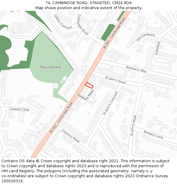 74, CAMBRIDGE ROAD, STANSTED, CM24 8DA: Location map and indicative extent of plot