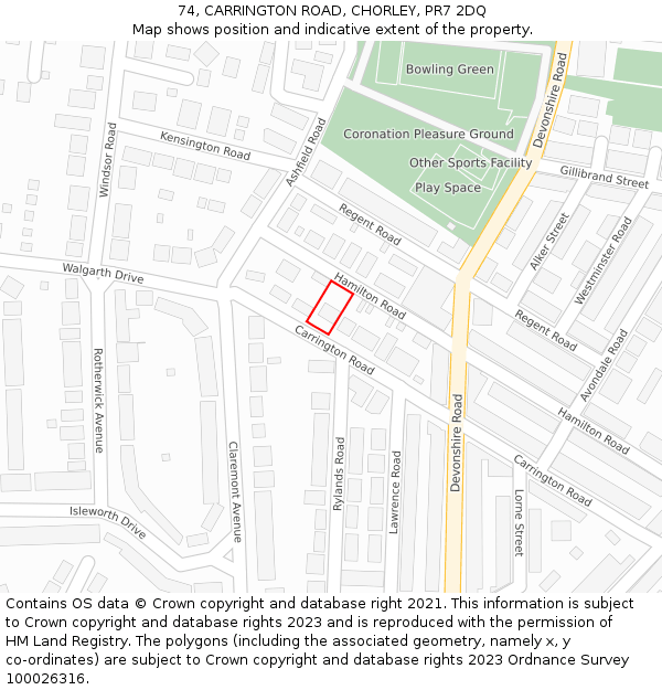 74, CARRINGTON ROAD, CHORLEY, PR7 2DQ: Location map and indicative extent of plot