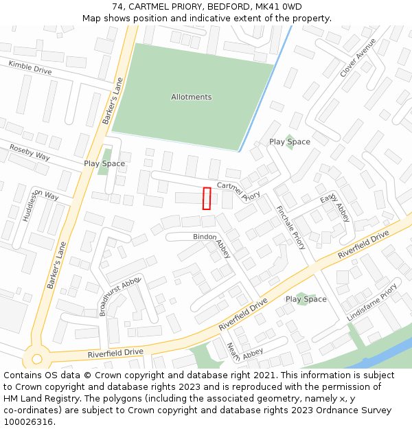 74, CARTMEL PRIORY, BEDFORD, MK41 0WD: Location map and indicative extent of plot