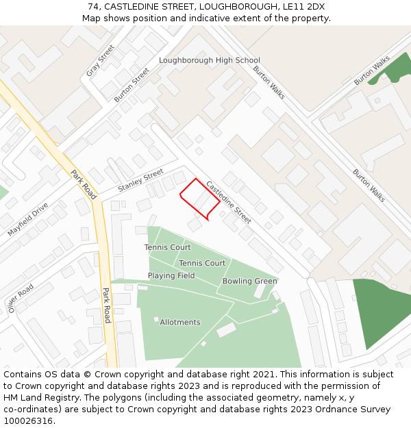 74, CASTLEDINE STREET, LOUGHBOROUGH, LE11 2DX: Location map and indicative extent of plot