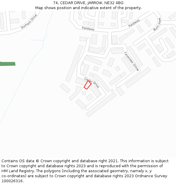 74, CEDAR DRIVE, JARROW, NE32 4BG: Location map and indicative extent of plot