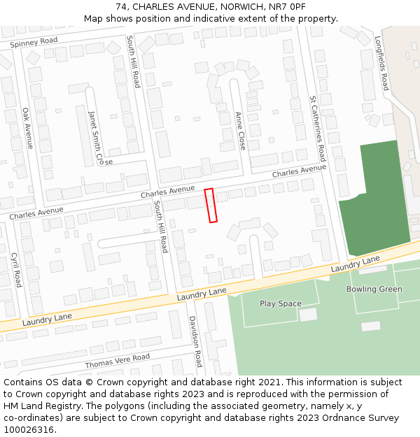 74, CHARLES AVENUE, NORWICH, NR7 0PF: Location map and indicative extent of plot