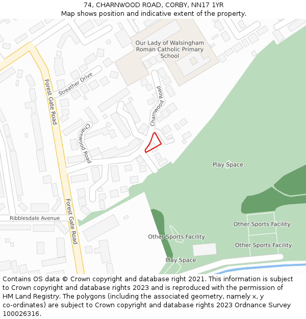 74, CHARNWOOD ROAD, CORBY, NN17 1YR: Location map and indicative extent of plot