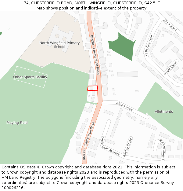 74, CHESTERFIELD ROAD, NORTH WINGFIELD, CHESTERFIELD, S42 5LE: Location map and indicative extent of plot
