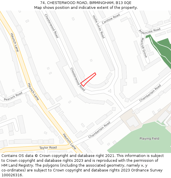 74, CHESTERWOOD ROAD, BIRMINGHAM, B13 0QE: Location map and indicative extent of plot