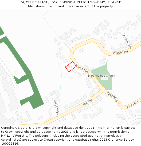 74, CHURCH LANE, LONG CLAWSON, MELTON MOWBRAY, LE14 4ND: Location map and indicative extent of plot