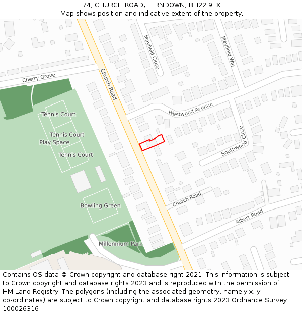 74, CHURCH ROAD, FERNDOWN, BH22 9EX: Location map and indicative extent of plot