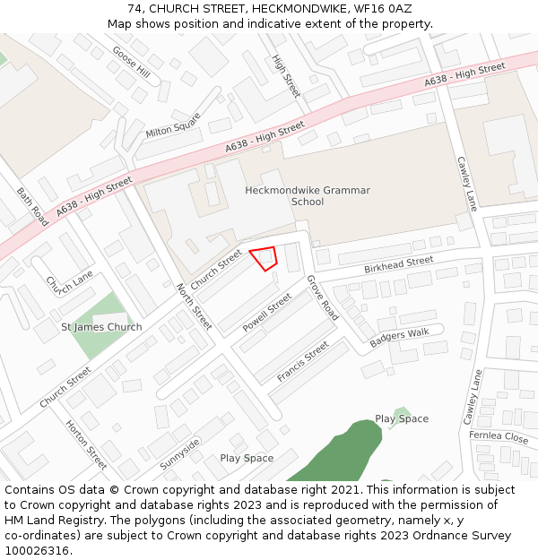 74, CHURCH STREET, HECKMONDWIKE, WF16 0AZ: Location map and indicative extent of plot