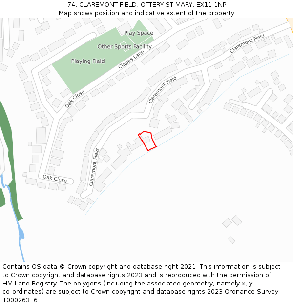 74, CLAREMONT FIELD, OTTERY ST MARY, EX11 1NP: Location map and indicative extent of plot