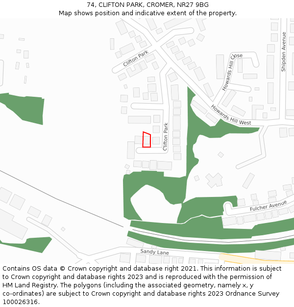 74, CLIFTON PARK, CROMER, NR27 9BG: Location map and indicative extent of plot