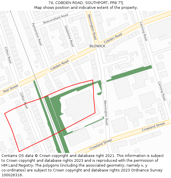 74, COBDEN ROAD, SOUTHPORT, PR9 7TJ: Location map and indicative extent of plot