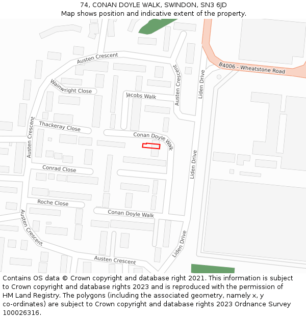 74, CONAN DOYLE WALK, SWINDON, SN3 6JD: Location map and indicative extent of plot