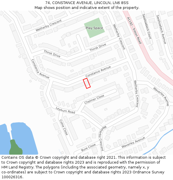 74, CONSTANCE AVENUE, LINCOLN, LN6 8SS: Location map and indicative extent of plot