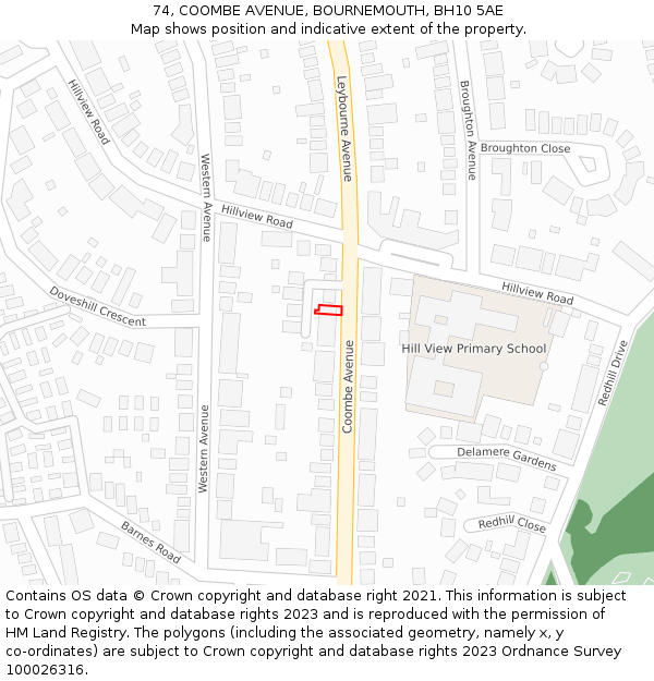 74, COOMBE AVENUE, BOURNEMOUTH, BH10 5AE: Location map and indicative extent of plot
