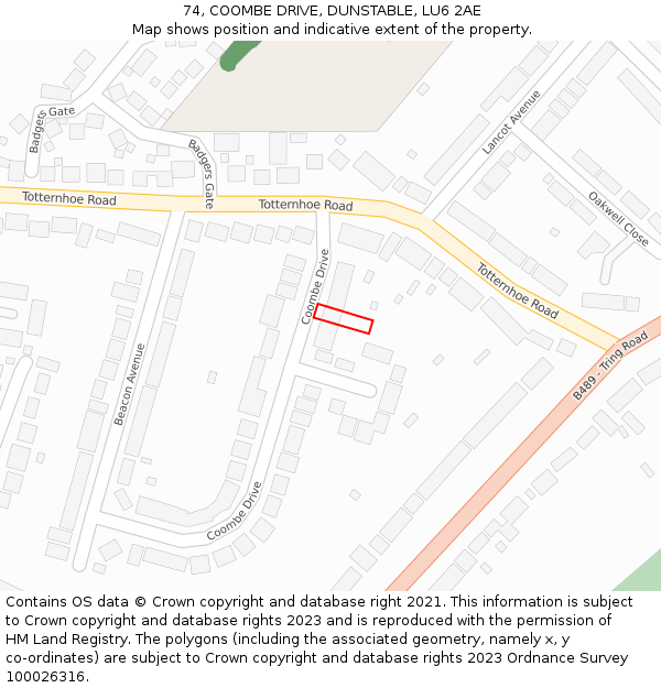 74, COOMBE DRIVE, DUNSTABLE, LU6 2AE: Location map and indicative extent of plot