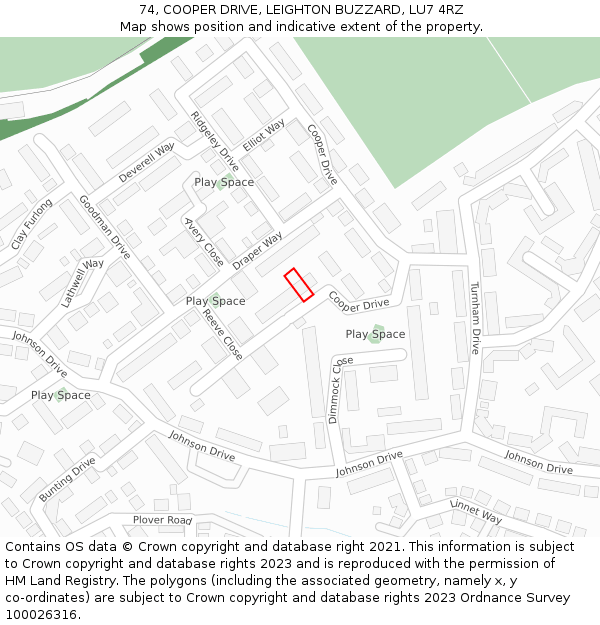 74, COOPER DRIVE, LEIGHTON BUZZARD, LU7 4RZ: Location map and indicative extent of plot