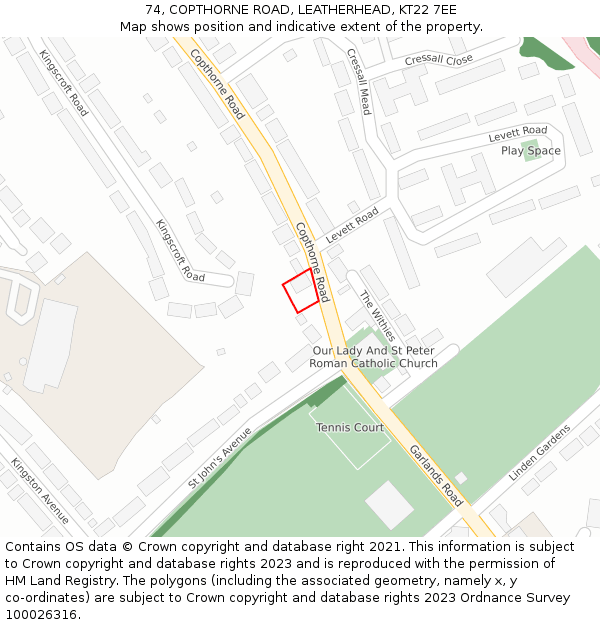 74, COPTHORNE ROAD, LEATHERHEAD, KT22 7EE: Location map and indicative extent of plot