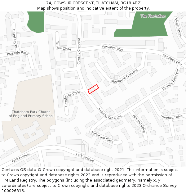 74, COWSLIP CRESCENT, THATCHAM, RG18 4BZ: Location map and indicative extent of plot