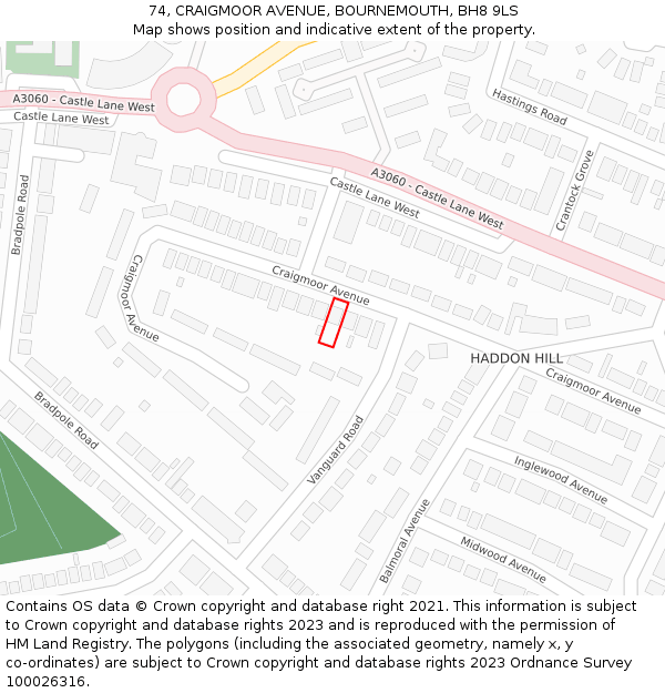 74, CRAIGMOOR AVENUE, BOURNEMOUTH, BH8 9LS: Location map and indicative extent of plot