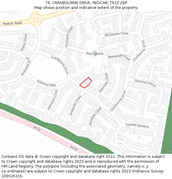 74, CRANBOURNE DRIVE, REDCAR, TS10 2SP: Location map and indicative extent of plot