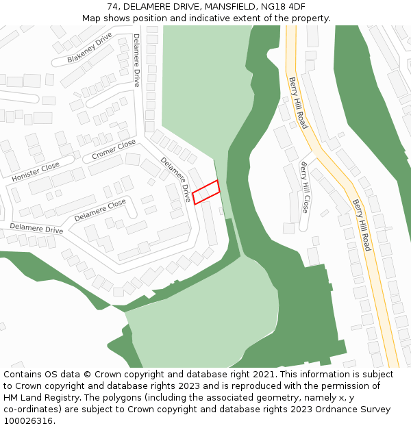 74, DELAMERE DRIVE, MANSFIELD, NG18 4DF: Location map and indicative extent of plot