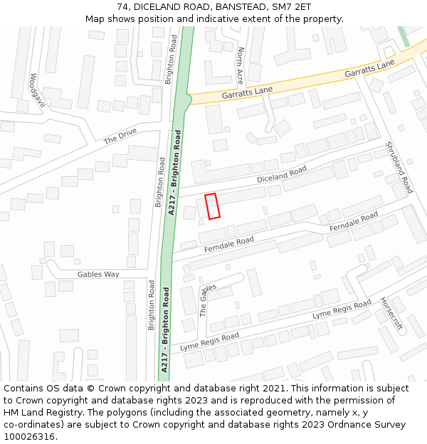 74, DICELAND ROAD, BANSTEAD, SM7 2ET: Location map and indicative extent of plot