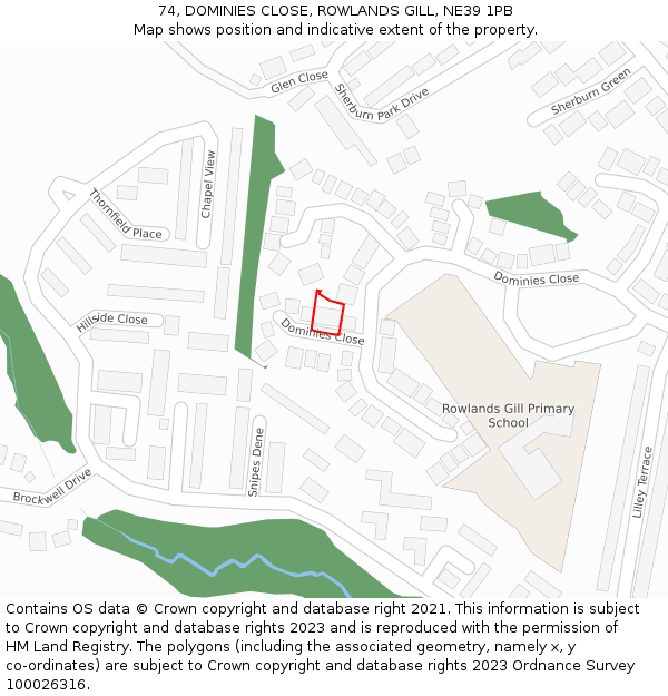 74, DOMINIES CLOSE, ROWLANDS GILL, NE39 1PB: Location map and indicative extent of plot