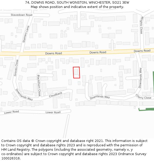 74, DOWNS ROAD, SOUTH WONSTON, WINCHESTER, SO21 3EW: Location map and indicative extent of plot