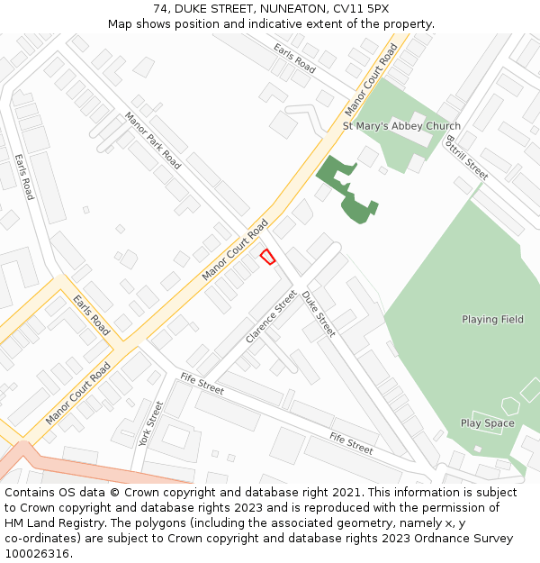 74, DUKE STREET, NUNEATON, CV11 5PX: Location map and indicative extent of plot