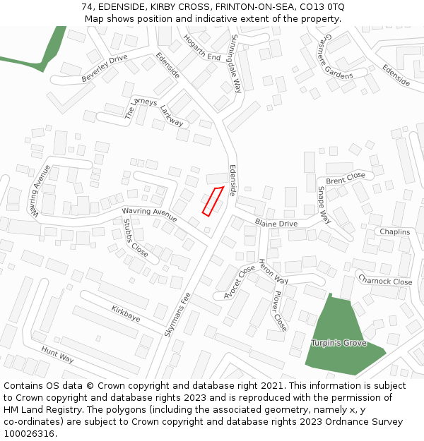 74, EDENSIDE, KIRBY CROSS, FRINTON-ON-SEA, CO13 0TQ: Location map and indicative extent of plot