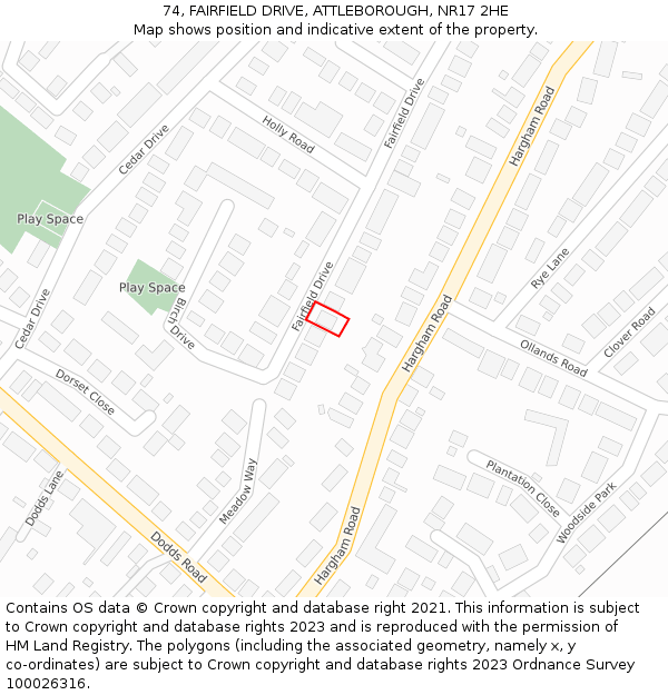 74, FAIRFIELD DRIVE, ATTLEBOROUGH, NR17 2HE: Location map and indicative extent of plot