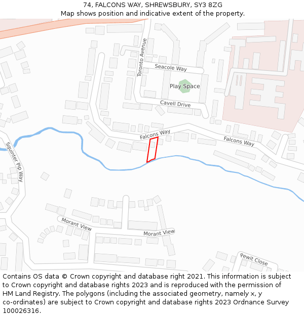 74, FALCONS WAY, SHREWSBURY, SY3 8ZG: Location map and indicative extent of plot