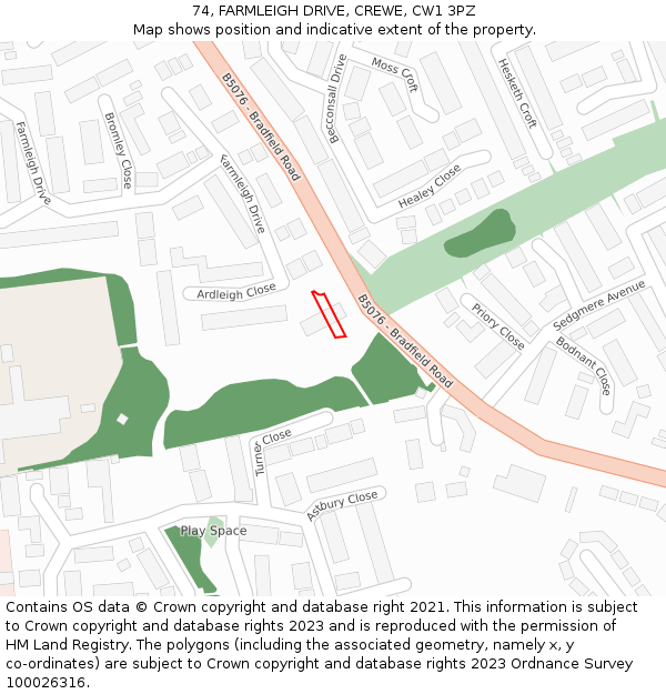 74, FARMLEIGH DRIVE, CREWE, CW1 3PZ: Location map and indicative extent of plot