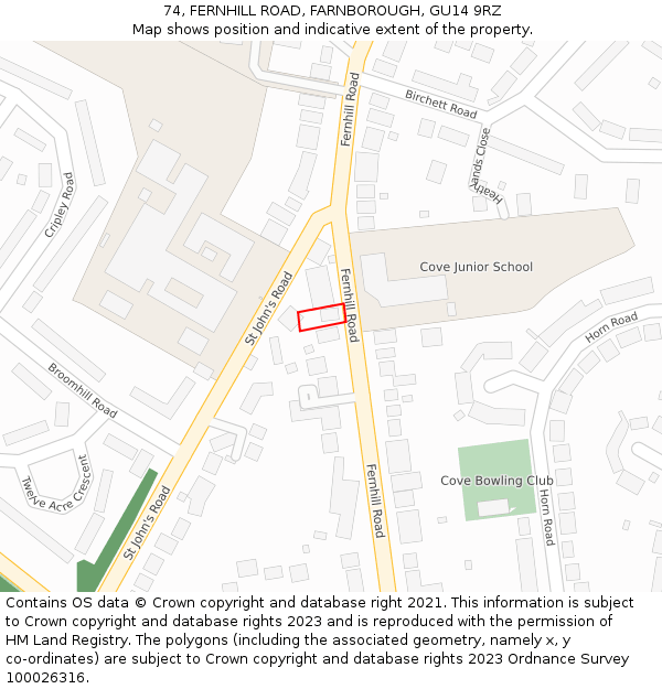 74, FERNHILL ROAD, FARNBOROUGH, GU14 9RZ: Location map and indicative extent of plot