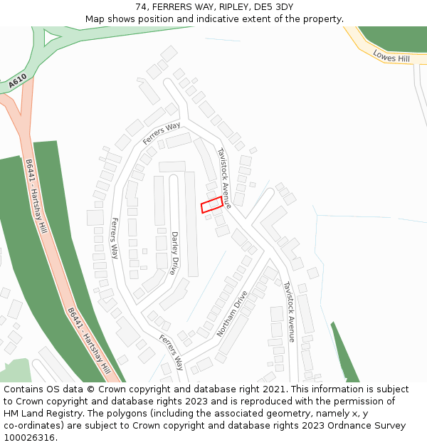 74, FERRERS WAY, RIPLEY, DE5 3DY: Location map and indicative extent of plot