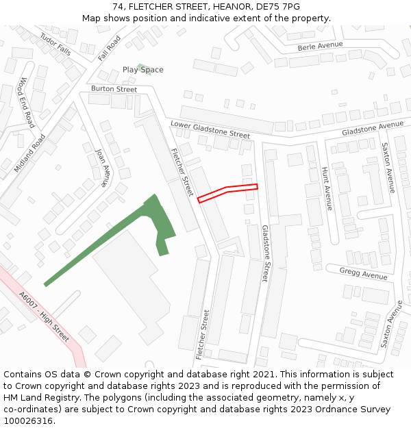 74, FLETCHER STREET, HEANOR, DE75 7PG: Location map and indicative extent of plot