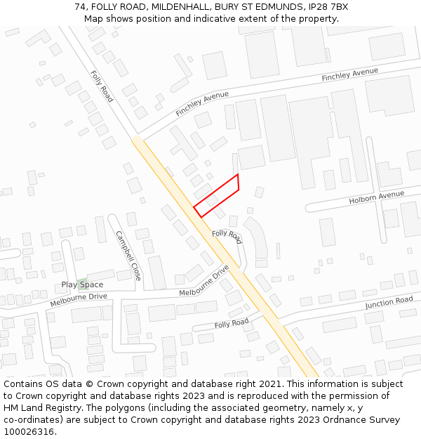 74, FOLLY ROAD, MILDENHALL, BURY ST EDMUNDS, IP28 7BX: Location map and indicative extent of plot